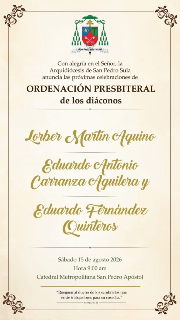 Serán ordenados tres nuevos sacerdotes para nuestra Arquidiócesis de San Pedro Sula